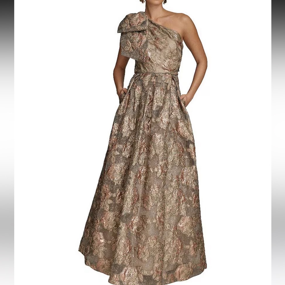 Donna Karan One-Shoulder Metallic Brocade Gown in Gold and Rose